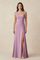 Square Neck A-Line Bridesmaid Dress With Slit in Wisteria - KISS BRIDAL BRIDESMAID DRESSES