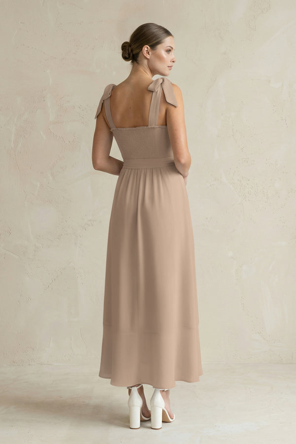 Square Neck A-Line Chiffon Midi Bridesmaid Dress with Bow in Almond (2) | KISSBRIDAL