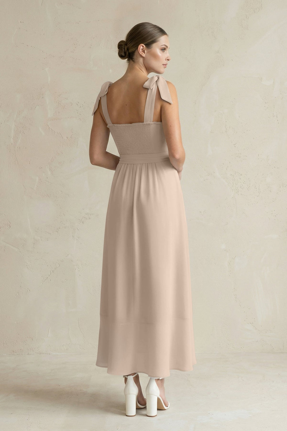 Square Neck A - Line Chiffon Midi Bridesmaid Dress with Bow in Almond - KISS BRIDAL Bridesmaid Dresses