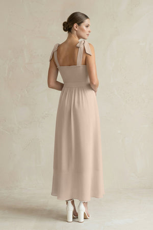 Square Neck A - Line Chiffon Midi Bridesmaid Dress with Bow in Almond - SHE IS ME Bridesmaid Dresses