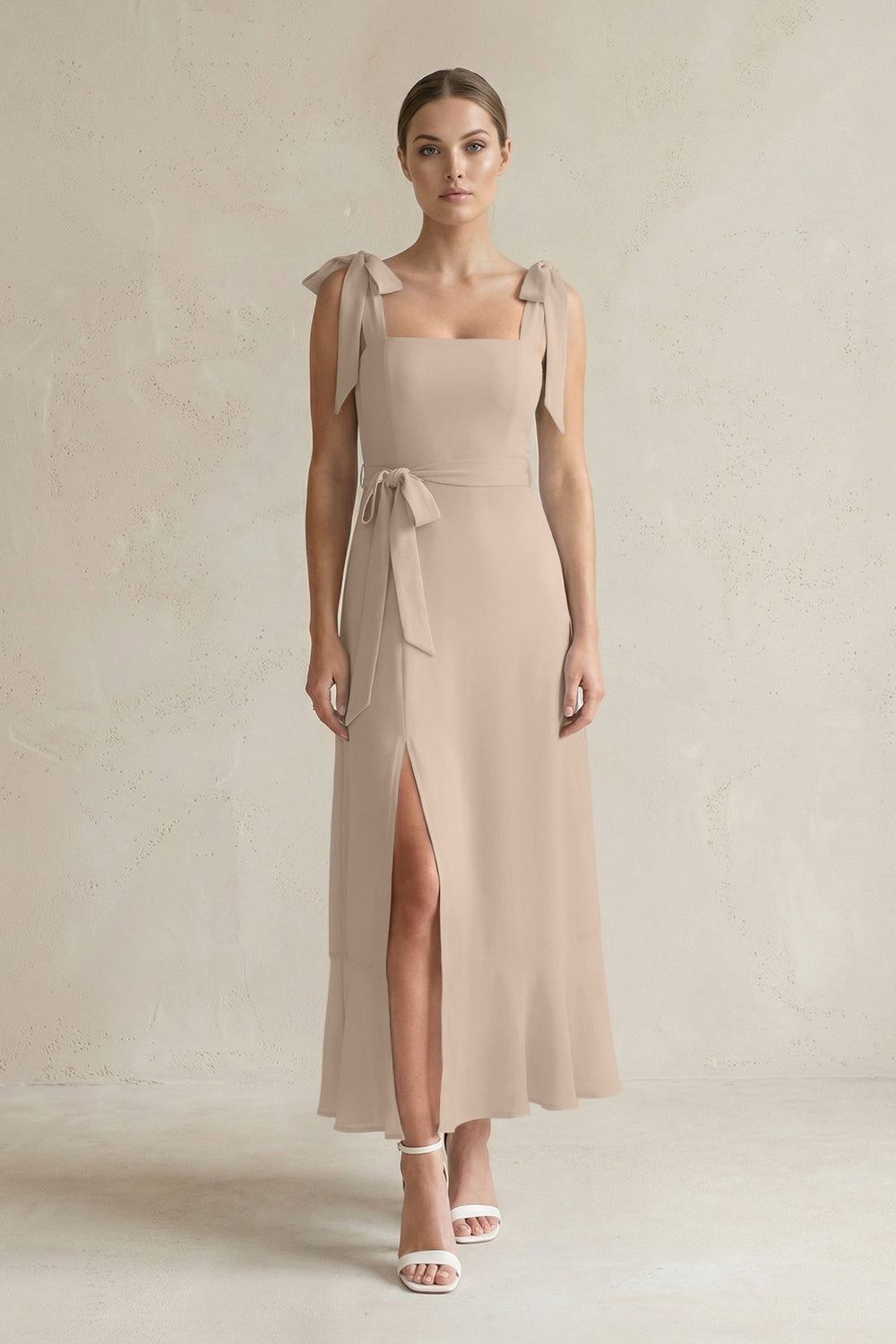 Square Neck A - Line Chiffon Midi Bridesmaid Dress with Bow in Almond - KISS BRIDAL Bridesmaid Dresses