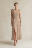 Square Neck A-Line Chiffon Midi Bridesmaid Dress with Bow in Almond | KISSBRIDAL