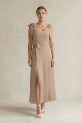 Square Neck A-Line Chiffon Midi Bridesmaid Dress with Bow in Almond | KISSBRIDAL