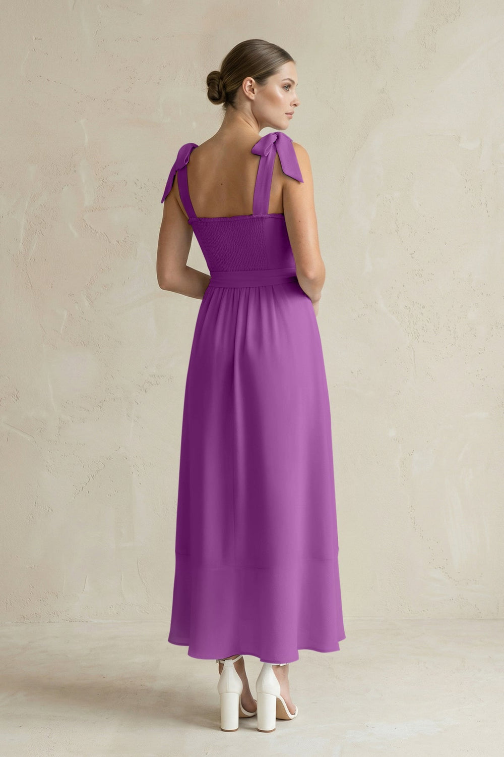 Square Neck A - Line Chiffon Midi Bridesmaid Dress with Bow in Amethyst - SHE IS ME Bridesmaid Dresses