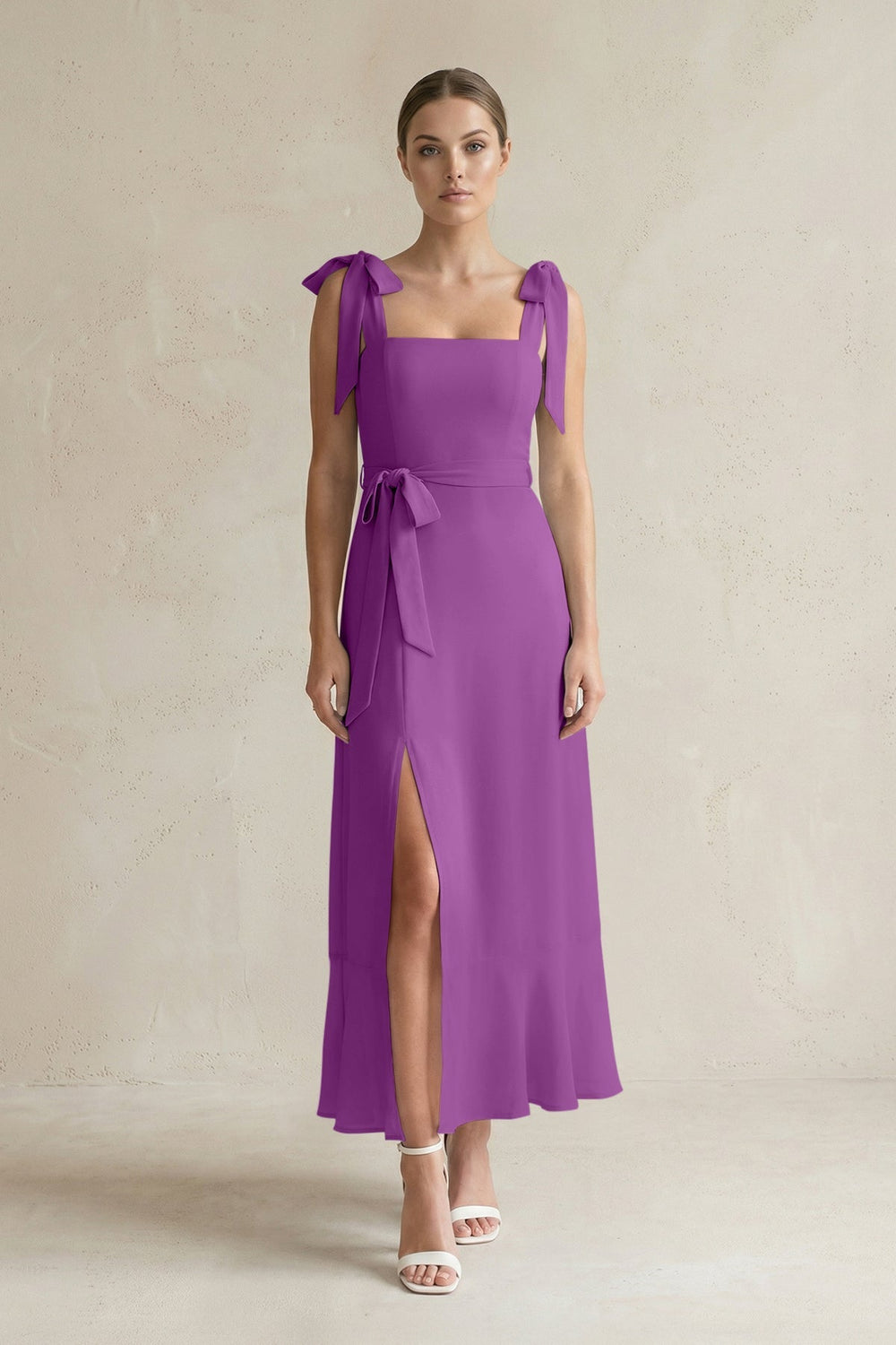 Square Neck A - Line Chiffon Midi Bridesmaid Dress with Bow in Amethyst - SHE IS ME Bridesmaid Dresses