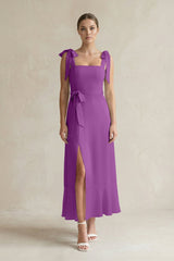 Square Neck A - Line Chiffon Midi Bridesmaid Dress with Bow in Amethyst - KISS BRIDAL Bridesmaid Dresses
