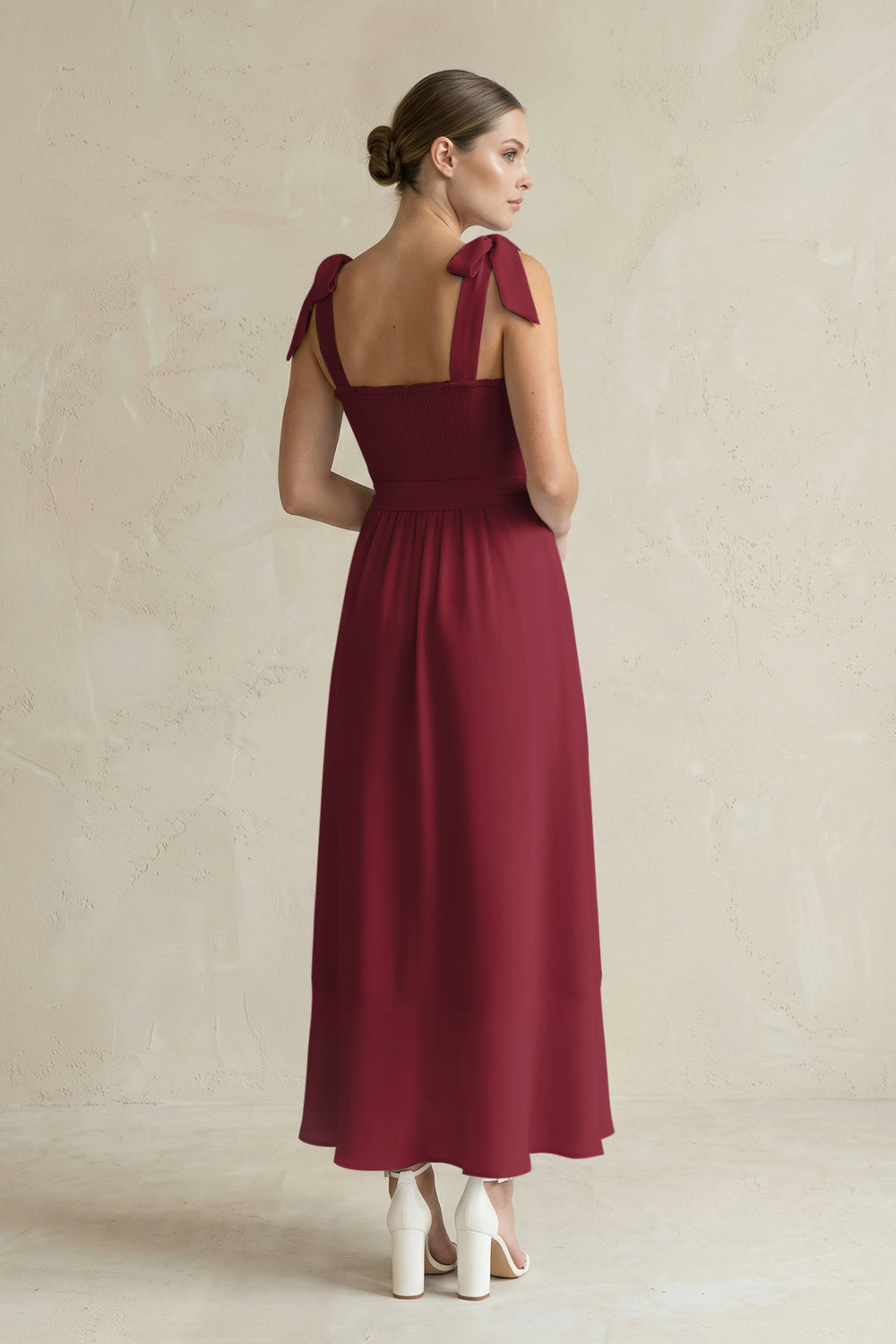 Square Neck A-Line Chiffon Midi Bridesmaid Dress with Bow in Berry
