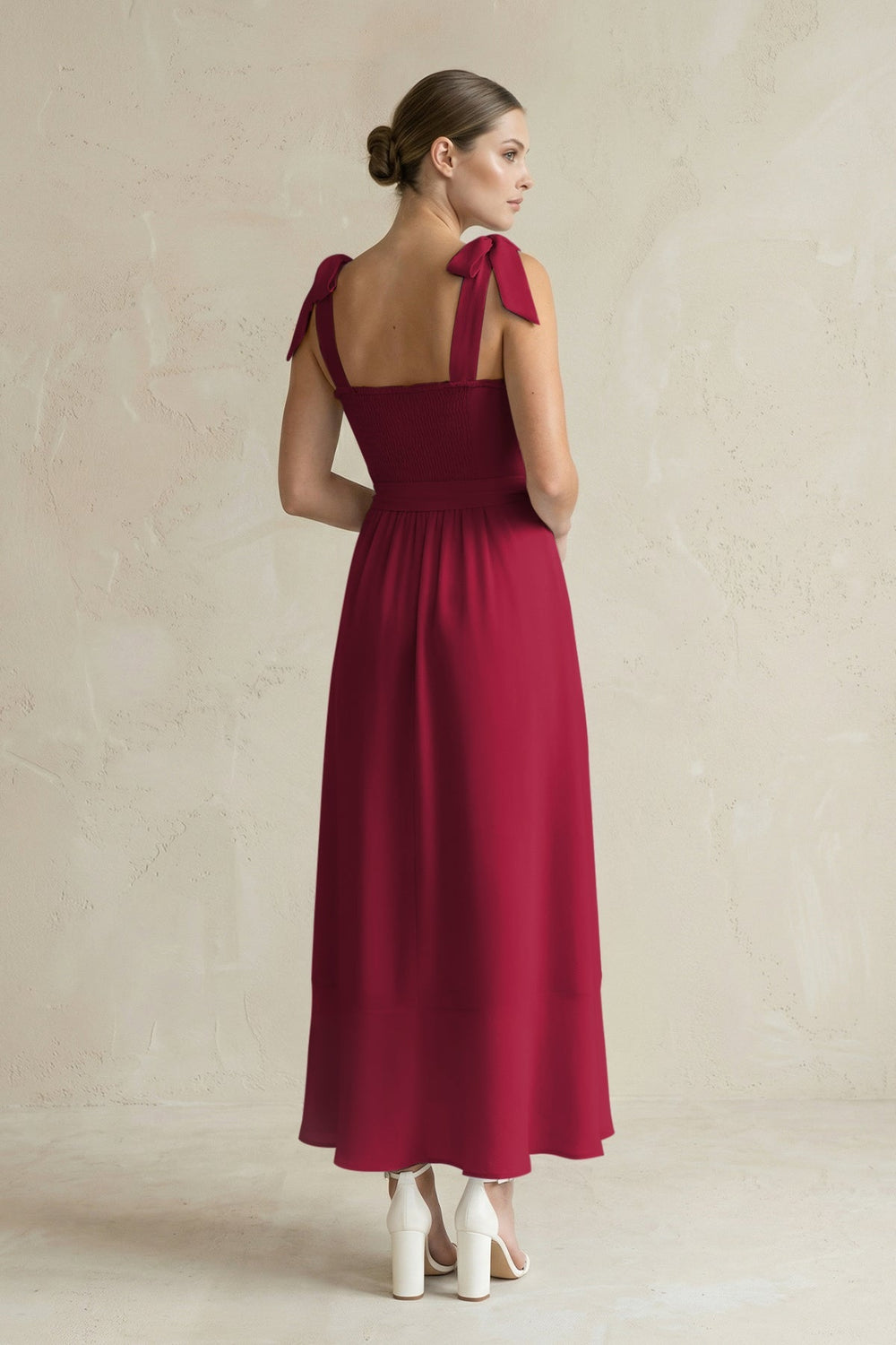 Square Neck A - Line Chiffon Midi Bridesmaid Dress with Bow in Berry - KISS BRIDAL Bridesmaid Dresses