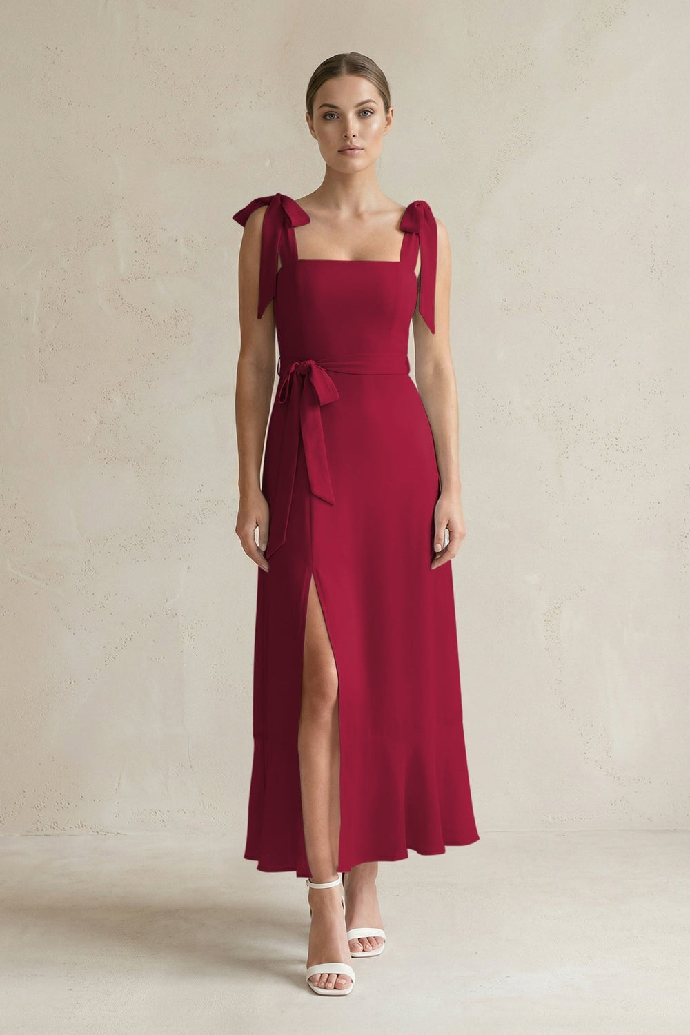 Square Neck A - Line Chiffon Midi Bridesmaid Dress with Bow in Berry - KISS BRIDAL Bridesmaid Dresses