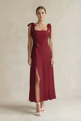 Square Neck A-Line Chiffon Midi Bridesmaid Dress with Bow in Berry | KISSBRIDAL