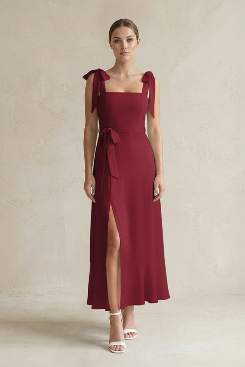 Square Neck A-Line Chiffon Midi Bridesmaid Dress with Bow in Berry | KISSBRIDAL