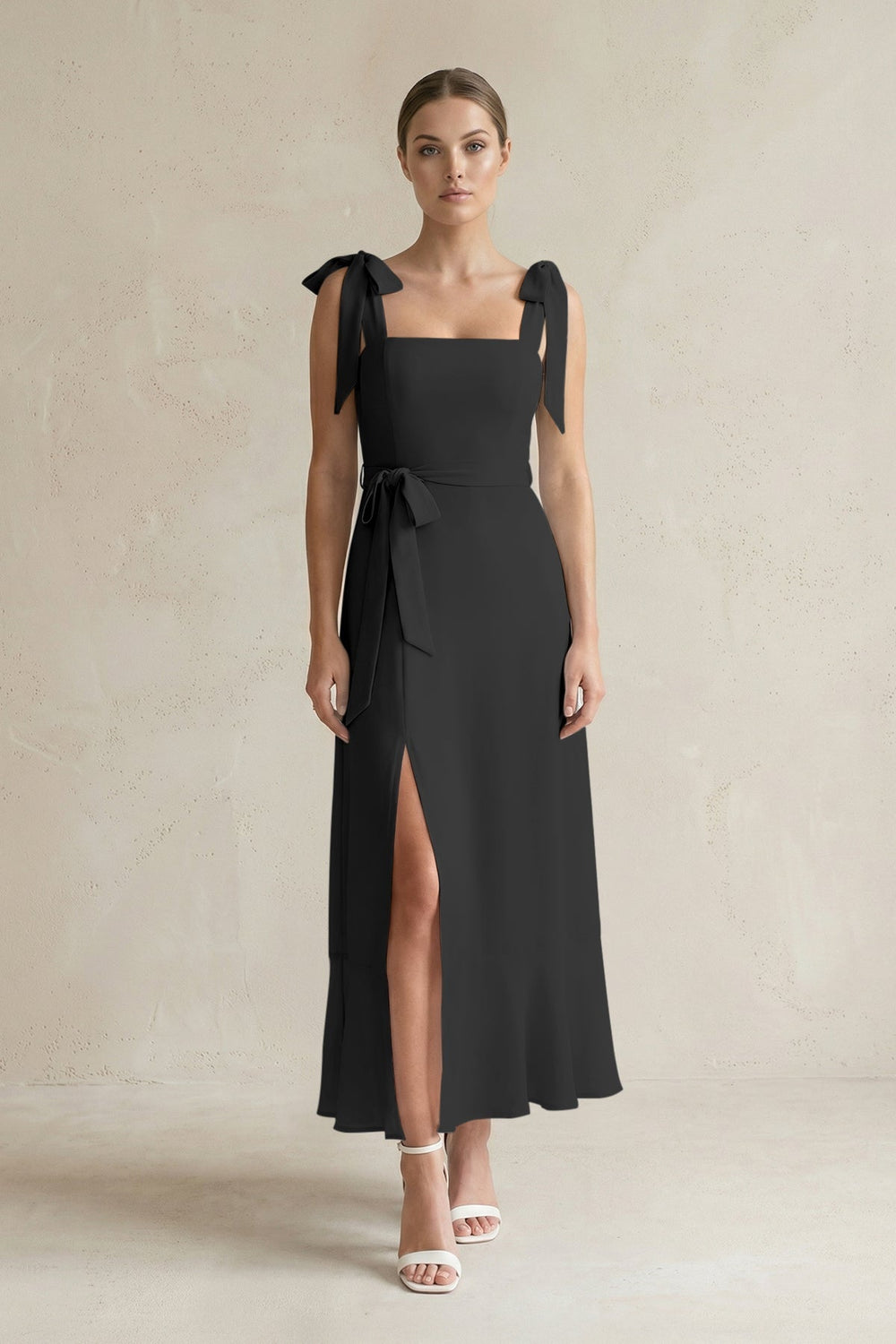 Square Neck A - Line Chiffon Midi Bridesmaid Dress with Bow in Black - KISS BRIDAL Bridesmaid Dresses