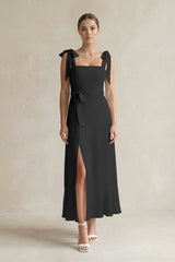 Square Neck A - Line Chiffon Midi Bridesmaid Dress with Bow in Black - KISS BRIDAL Bridesmaid Dresses