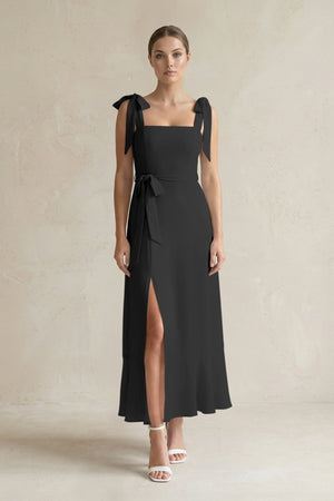 Square Neck A - Line Chiffon Midi Bridesmaid Dress with Bow in Black - SHE IS ME Bridesmaid Dresses