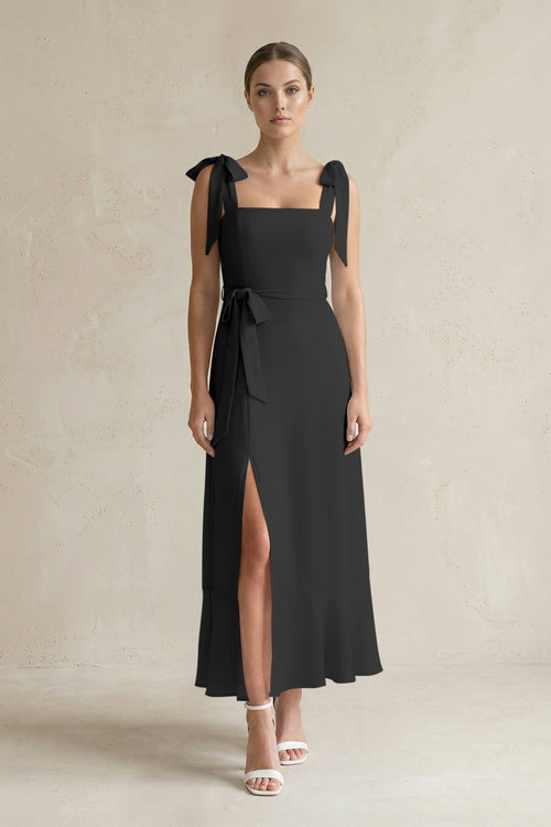 Square Neck A - Line Chiffon Midi Bridesmaid Dress with Bow in Black - SHE IS ME Bridesmaid Dresses