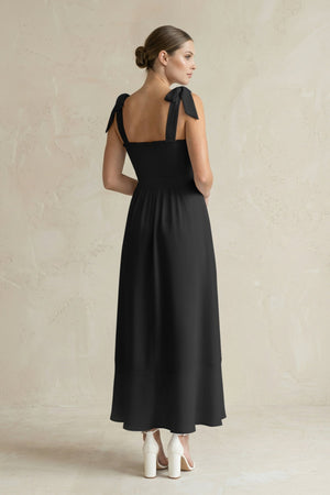Square Neck A - Line Chiffon Midi Bridesmaid Dress with Bow in Black - SHE IS ME Bridesmaid Dresses
