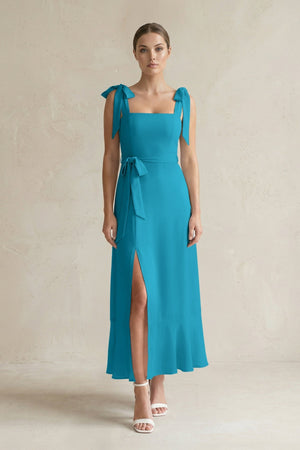 Square Neck A - Line Chiffon Midi Bridesmaid Dress with Bow in Blue Jay - SHE IS ME Bridesmaid Dresses