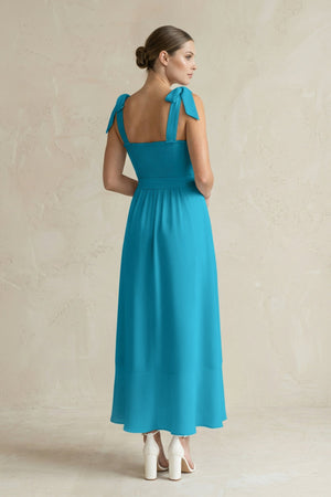Square Neck A - Line Chiffon Midi Bridesmaid Dress with Bow in Blue Jay - SHE IS ME Bridesmaid Dresses