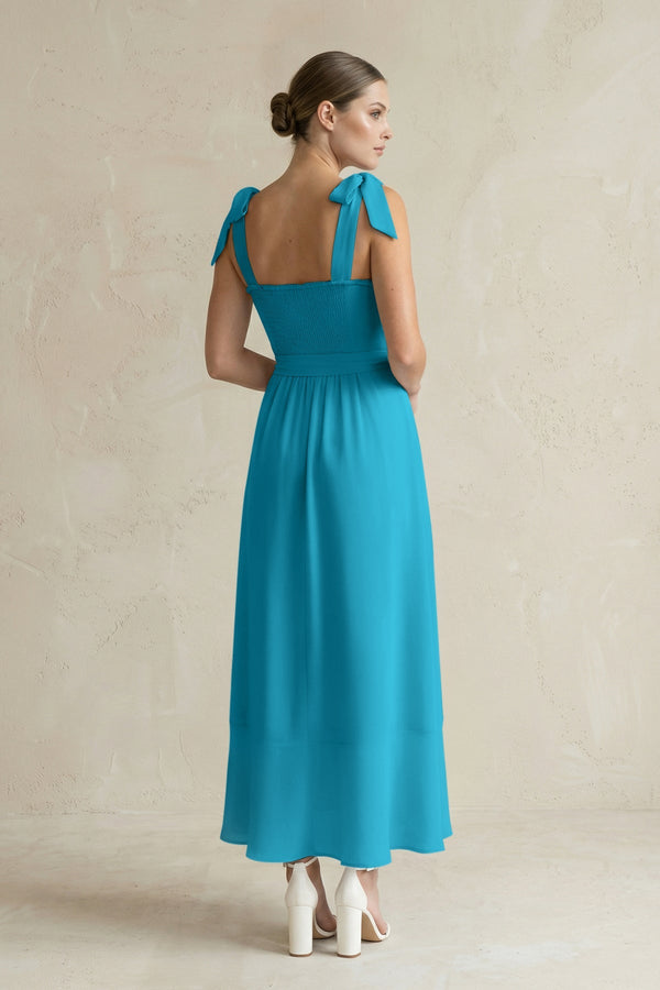 Square Neck A - Line Chiffon Midi Bridesmaid Dress with Bow in Blue Jay - SHE IS ME Bridesmaid Dresses