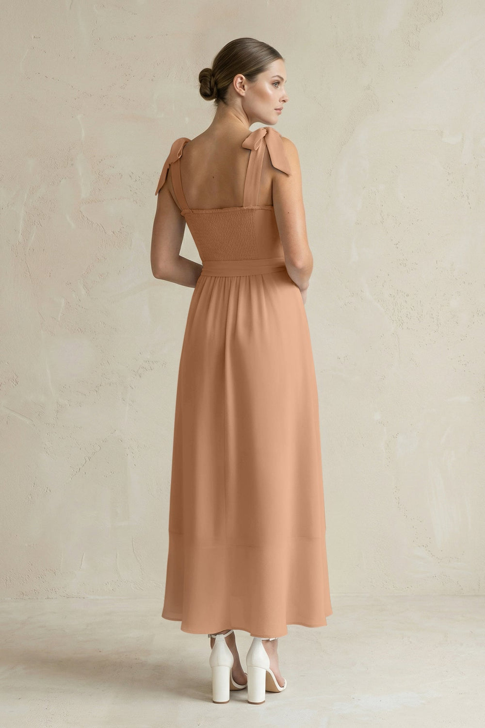 Square Neck A - Line Chiffon Midi Bridesmaid Dress with Bow in Bronzer - SHE IS ME Bridesmaid Dresses