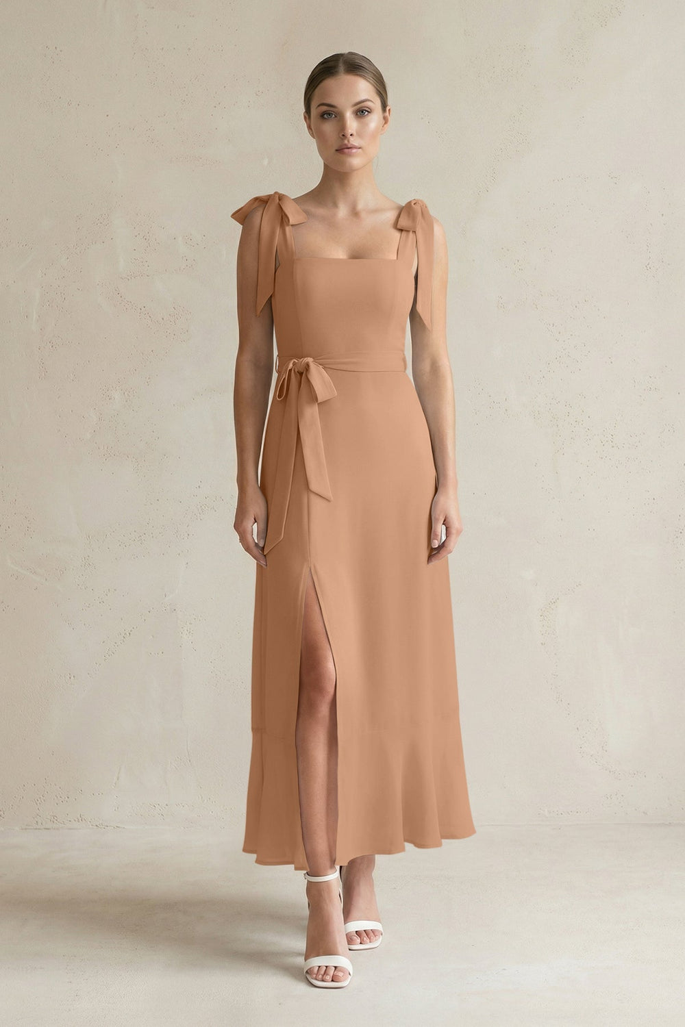 Square Neck A - Line Chiffon Midi Bridesmaid Dress with Bow in Bronzer - SHE IS ME Bridesmaid Dresses