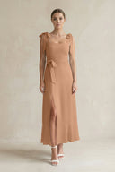 Square Neck A - Line Chiffon Midi Bridesmaid Dress with Bow in Bronzer - SHE IS ME Bridesmaid Dresses