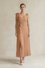 Square Neck A - Line Chiffon Midi Bridesmaid Dress with Bow in Bronzer - KISS BRIDAL Bridesmaid Dresses