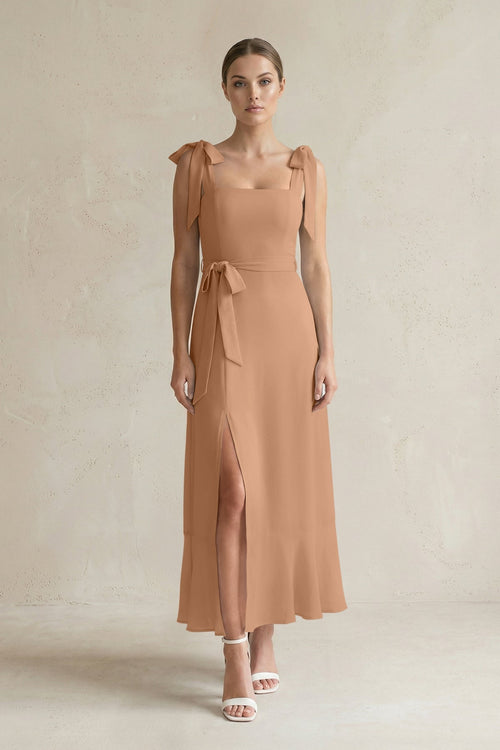 Square Neck A - Line Chiffon Midi Bridesmaid Dress with Bow in Bronzer - SHE IS ME Bridesmaid Dresses