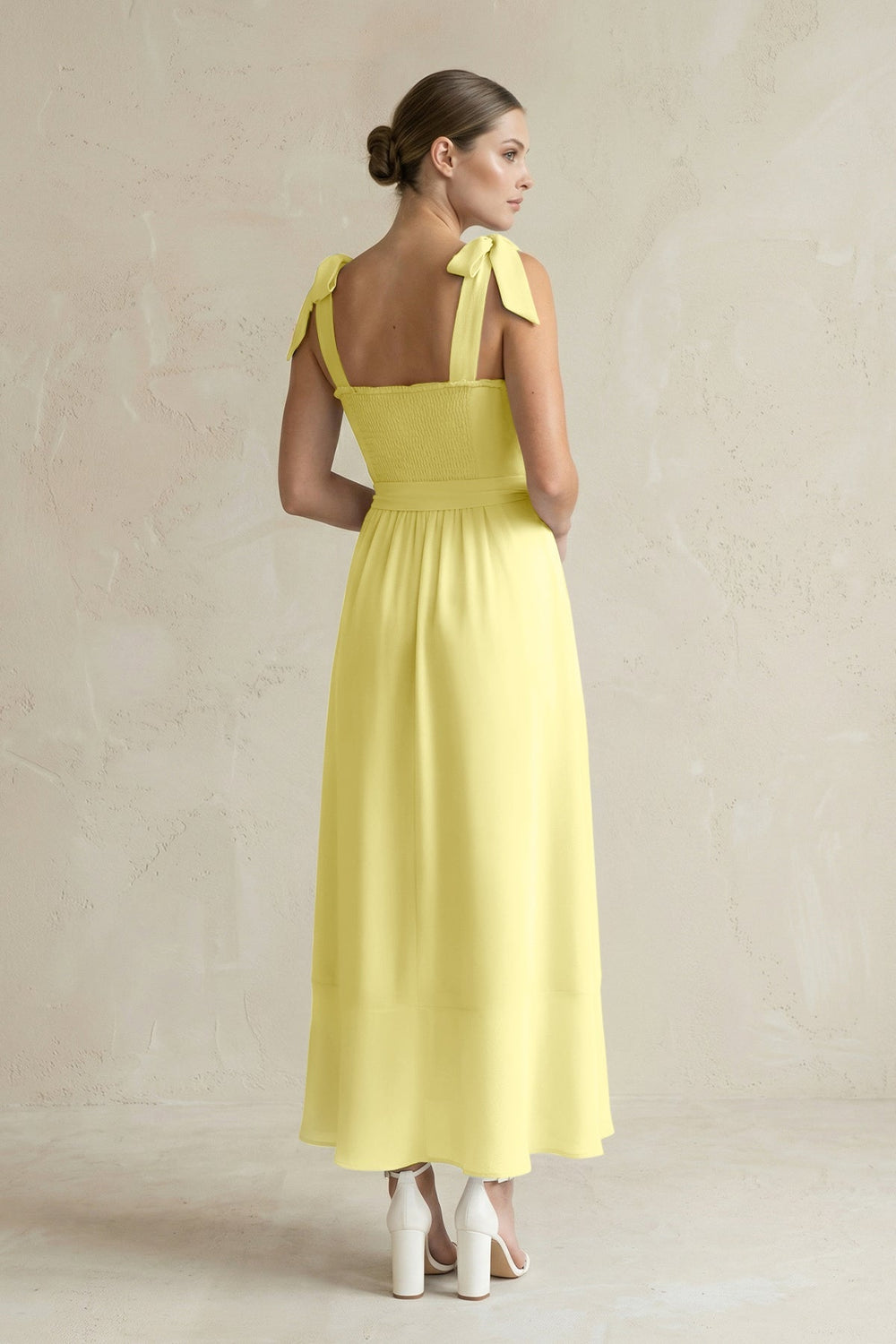 Square Neck A - Line Chiffon Midi Bridesmaid Dress with Bow in Buttercup - KISS BRIDAL Bridesmaid Dresses