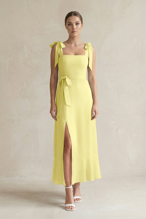 Square Neck A - Line Chiffon Midi Bridesmaid Dress with Bow in Buttercup - SHE IS ME Bridesmaid Dresses