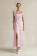 Square Neck A - Line Chiffon Midi Bridesmaid Dress with Bow in Candy Pink - SHE IS ME Bridesmaid Dresses