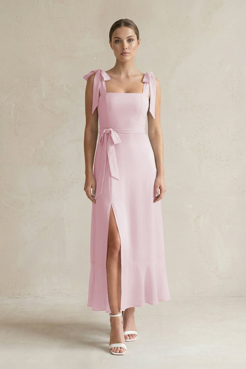 Square Neck A - Line Chiffon Midi Bridesmaid Dress with Bow in Candy Pink - SHE IS ME Bridesmaid Dresses