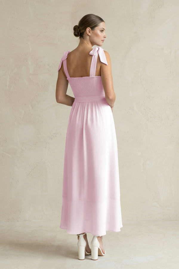 Square Neck A-Line Chiffon Midi Bridesmaid Dress with Bow in Candy Pink (2) | KISSBRIDAL