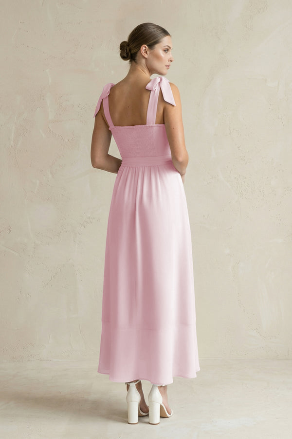 Square Neck A - Line Chiffon Midi Bridesmaid Dress with Bow in Candy Pink - SHE IS ME Bridesmaid Dresses