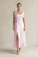 Square Neck A-Line Chiffon Midi Bridesmaid Dress with Bow in Candy Pink | KISSBRIDAL