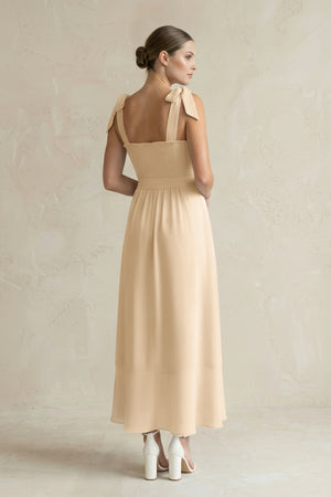 Square Neck A-Line Chiffon Midi Bridesmaid Dress with Bow in Champagne (2) | KISSBRIDAL