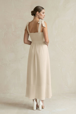 Square Neck A - Line Chiffon Midi Bridesmaid Dress with Bow in Champagne - SHE IS ME Bridesmaid Dresses