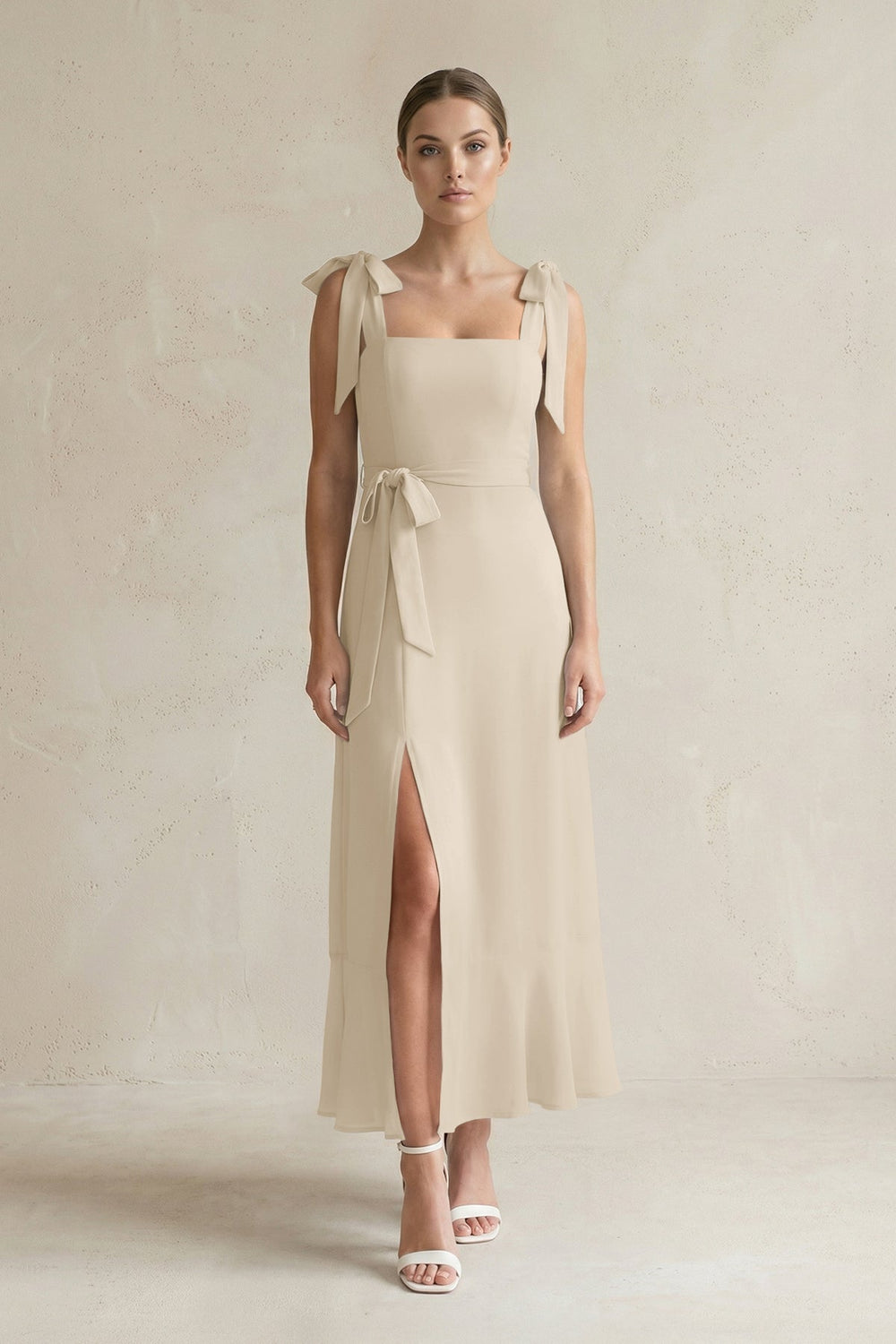 Square Neck A - Line Chiffon Midi Bridesmaid Dress with Bow in Champagne - KISS BRIDAL Bridesmaid Dresses