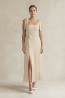 Square Neck A - Line Chiffon Midi Bridesmaid Dress with Bow in Champagne - SHE IS ME Bridesmaid Dresses