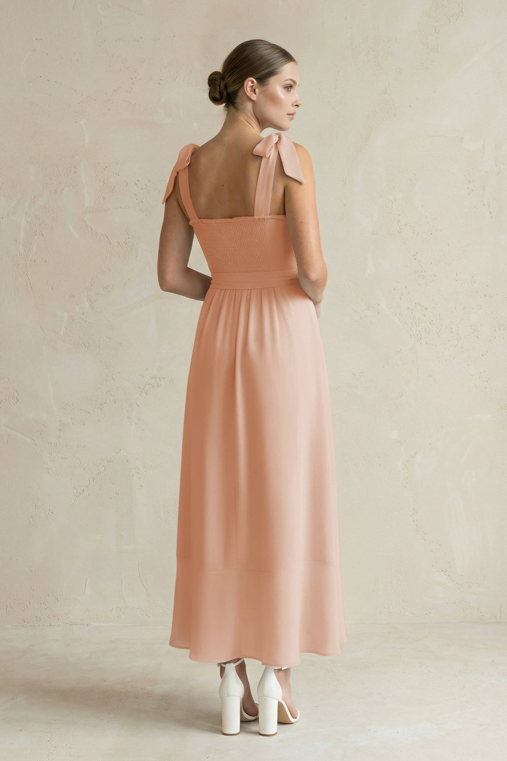 Square Neck A - Line Chiffon Midi Bridesmaid Dress with Bow in Champagne Rose - KISS BRIDAL Bridesmaid Dresses