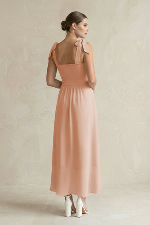 Square Neck A - Line Chiffon Midi Bridesmaid Dress with Bow in Champagne Rose - SHE IS ME Bridesmaid Dresses