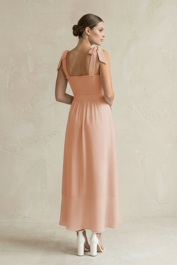 Square Neck A - Line Chiffon Midi Bridesmaid Dress with Bow in Champagne Rose - SHE IS ME Bridesmaid Dresses
