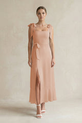 Square Neck A - Line Chiffon Midi Bridesmaid Dress with Bow in Champagne Rose - KISS BRIDAL Bridesmaid Dresses