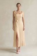 Square Neck A-Line Chiffon Midi Bridesmaid Dress with Bow in Champagne | KISSBRIDAL