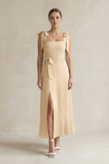 Square Neck A-Line Chiffon Midi Bridesmaid Dress with Bow in Champagne | KISSBRIDAL