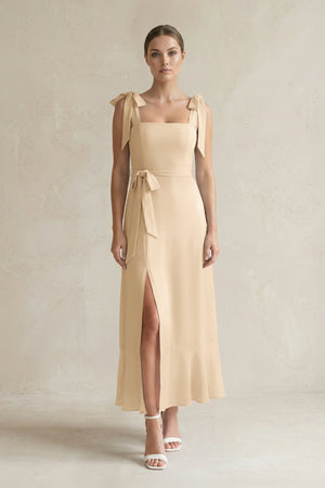Square Neck A-Line Chiffon Midi Bridesmaid Dress with Bow in Champagne | KISSBRIDAL