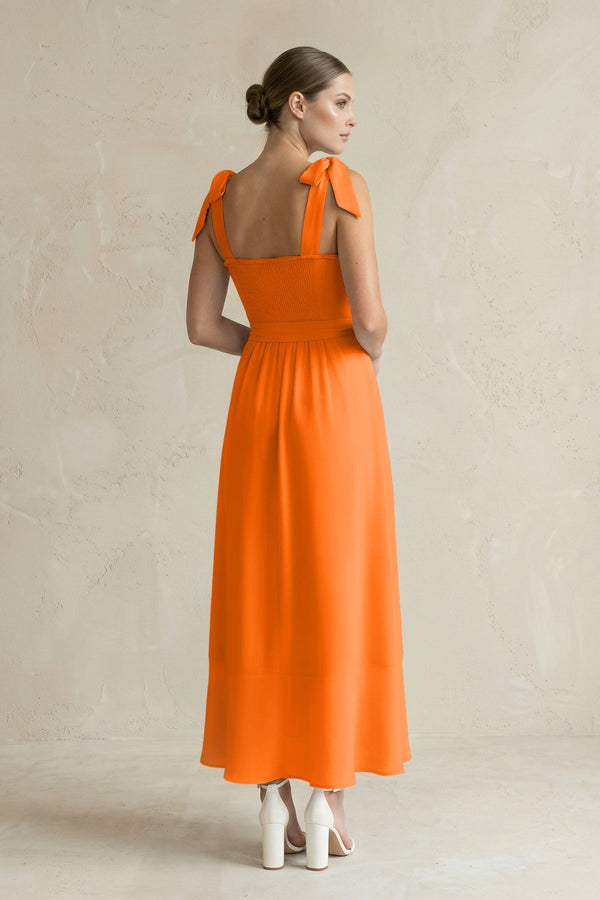 Square Neck A - Line Chiffon Midi Bridesmaid Dress with Bow in Cinnamon - SHE IS ME Bridesmaid Dresses