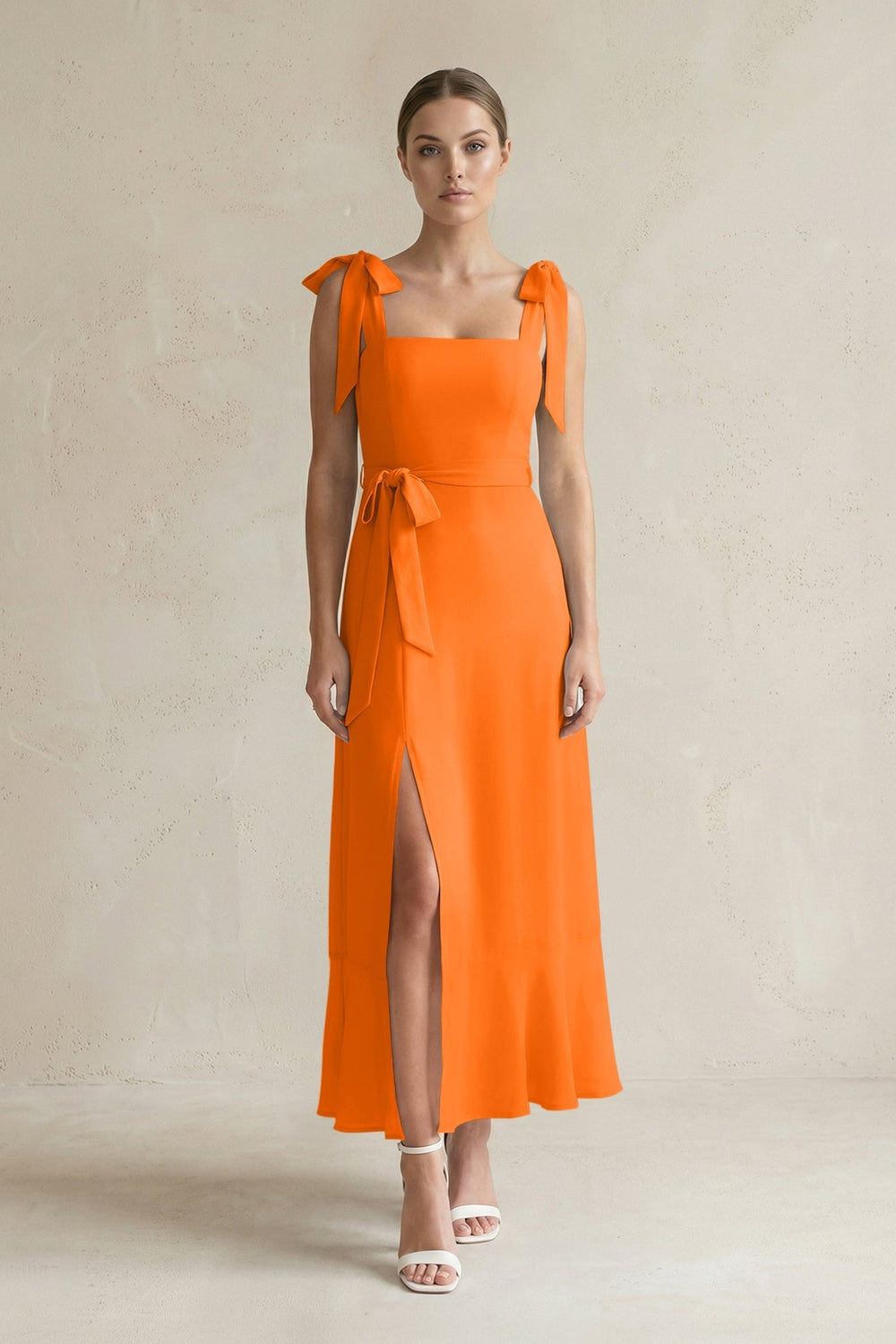Square Neck A - Line Chiffon Midi Bridesmaid Dress with Bow in Cinnamon - KISS BRIDAL Bridesmaid Dresses