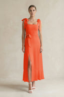 Square Neck A-Line Chiffon Midi Bridesmaid Dress with Bow in Cinnamon | KISSBRIDAL