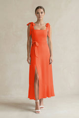 Square Neck A-Line Chiffon Midi Bridesmaid Dress with Bow in Cinnamon | KISSBRIDAL